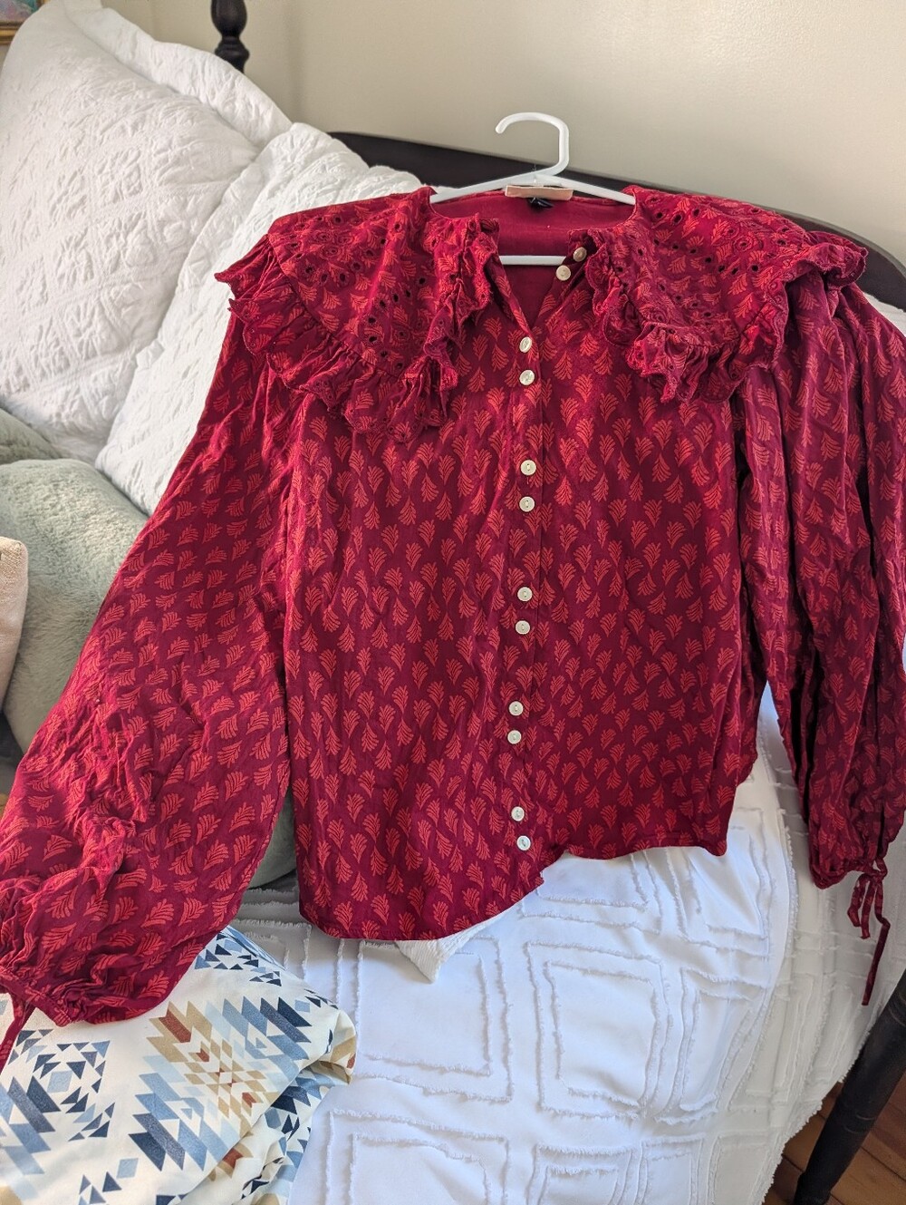 Universal Thread Red Printed Ruffled Collar Button-Down Blouse - Picture 7 of 7